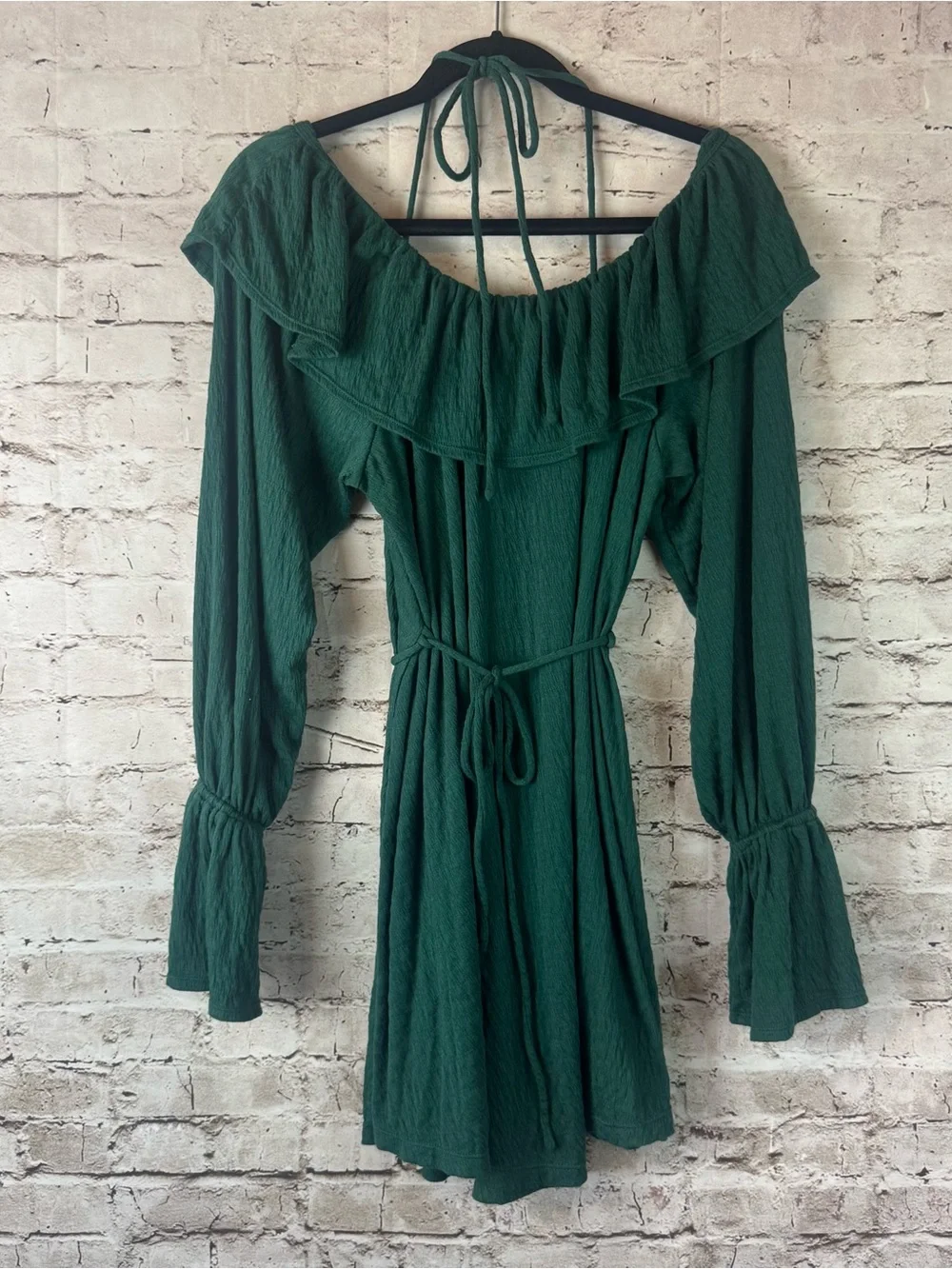 Free People Beach Medium Hayden Off Shoulder Mini Dress Ruffles Emerald Green M